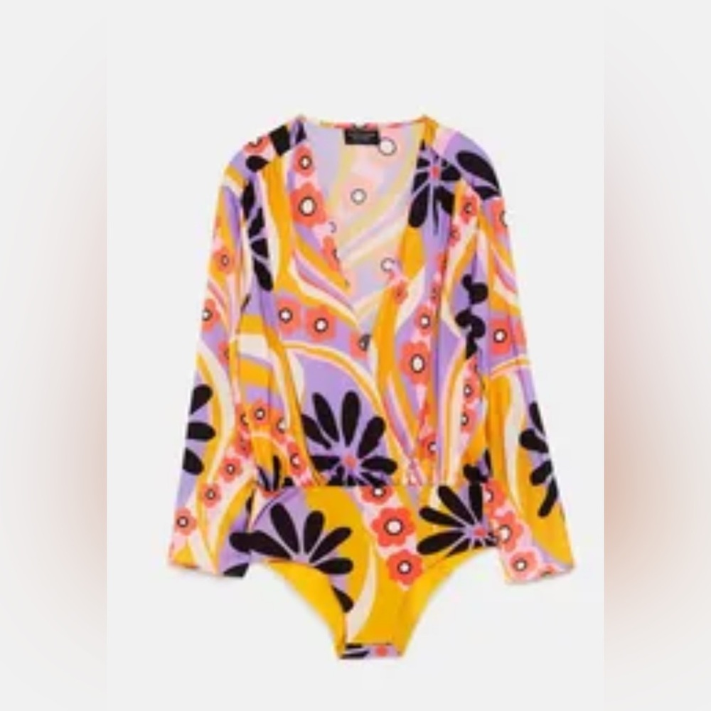 Zara Long Sleeve‎ Silky Floral Bodysuit Multicolor Sz. Medium